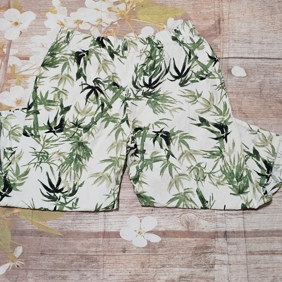 J. Jill Cream and Green Leaf Print Linen Blend Pants Sz M Petite - Picture 6 of 7